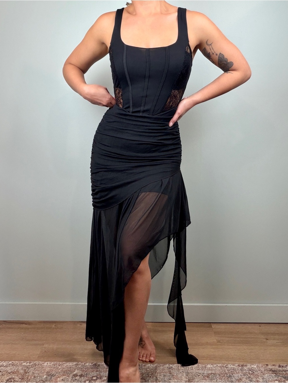 Black Lace Contrast Mesh Asymmetrical Hem Dress Fairy Grunge Witchy Cosplay Sm.